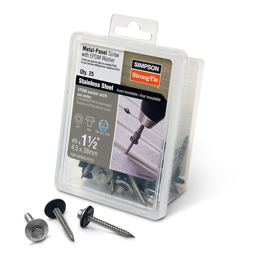 Simpson Strong-Tie T09150HWA-RP25 Metal-Panel Screw with EPDM Washer, #9 x 1-1/2-in. Hex Head, Type 316, 25-Pack