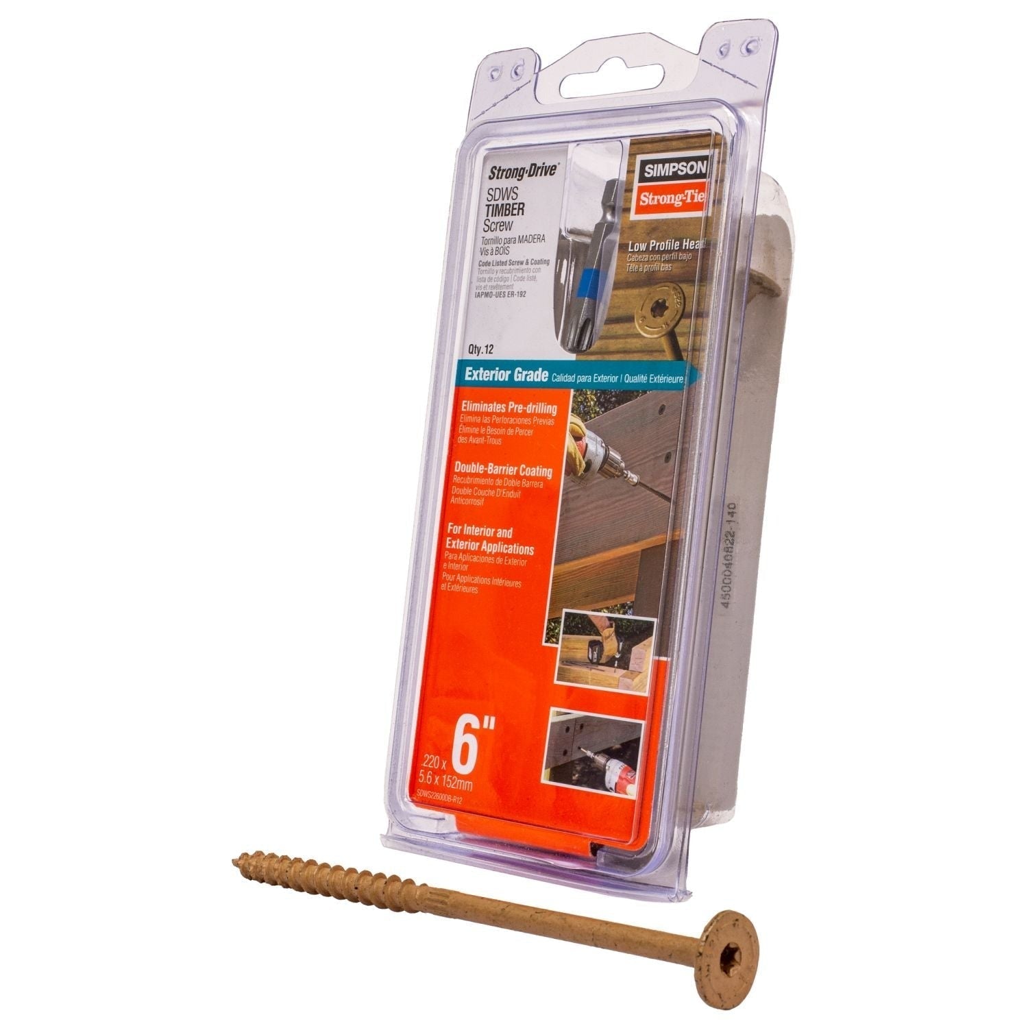 Simpson Strong-Tie SDWS22600DB-R12 Strong-Drive SDWS TIMBER Screw (Exterior Grade), 0.220-in. x 6-in. T40, Tan, 12-Pack