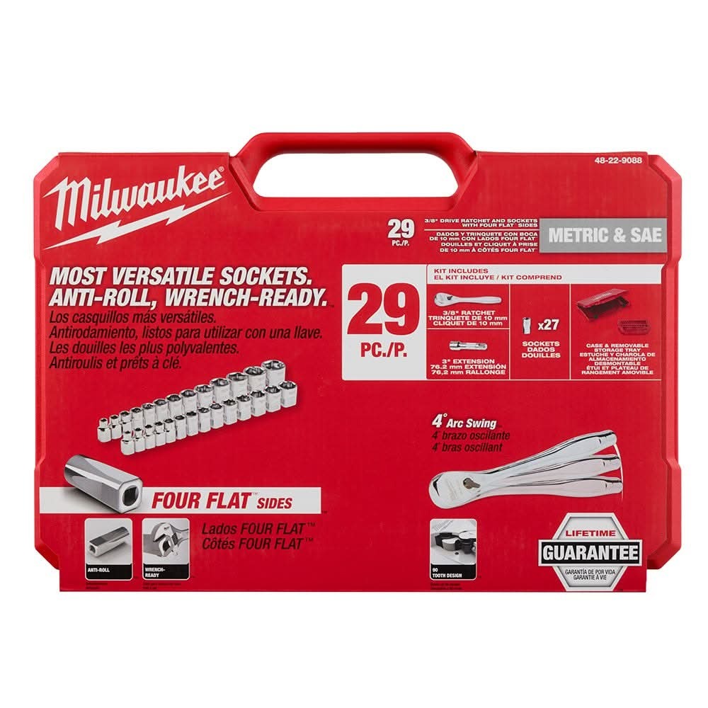 Milwaukee 48-22-9088 29pc 3/8" Drive Metric & SAE Ratchet and Socket Set with Four Flat Sides