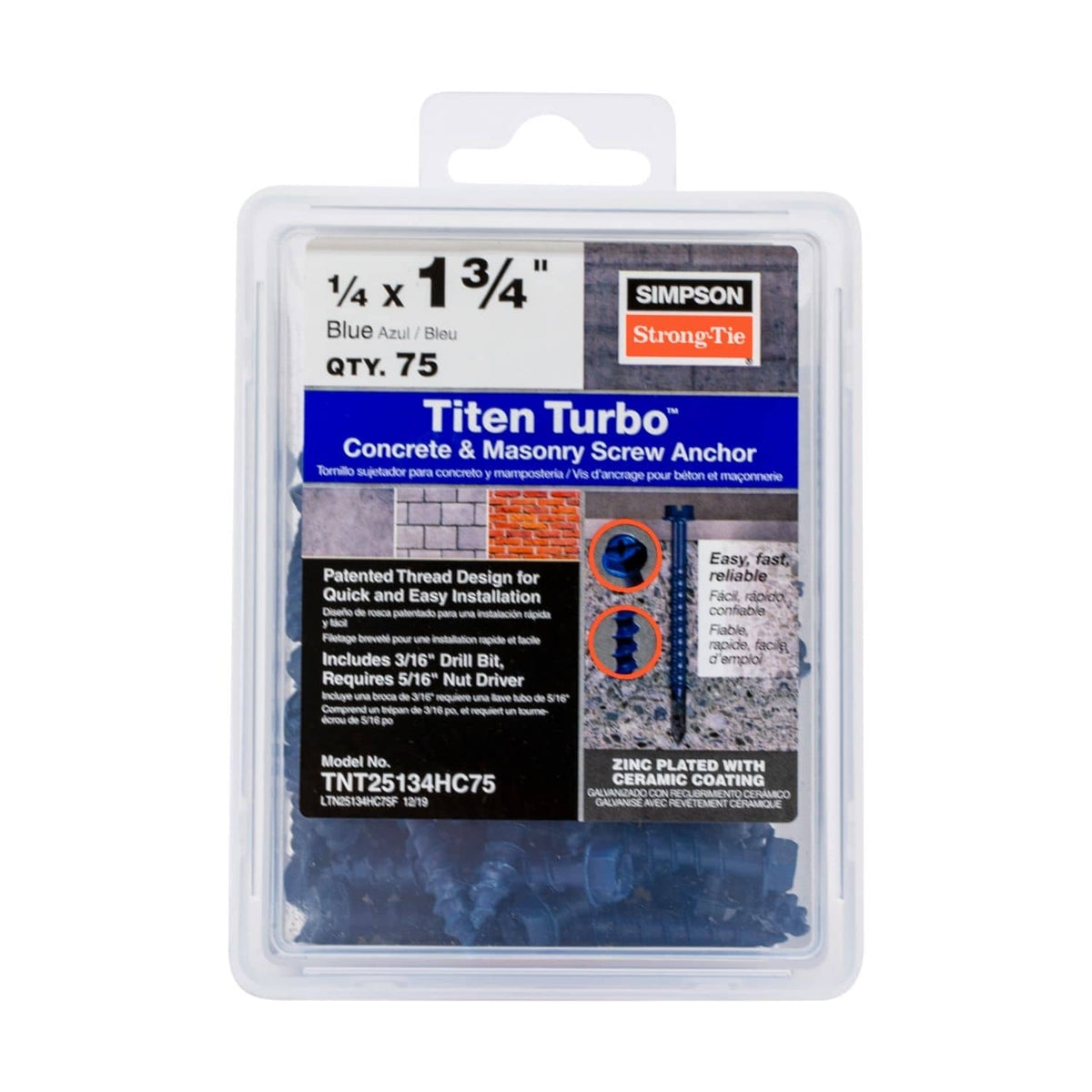 Simpson Strong-Tie TNT25134HC75 Titen Turbo, 1/4-in. x 1-3/4-in. Hex-Head Concrete and Masonry Screw, Blue, 75-Pack
