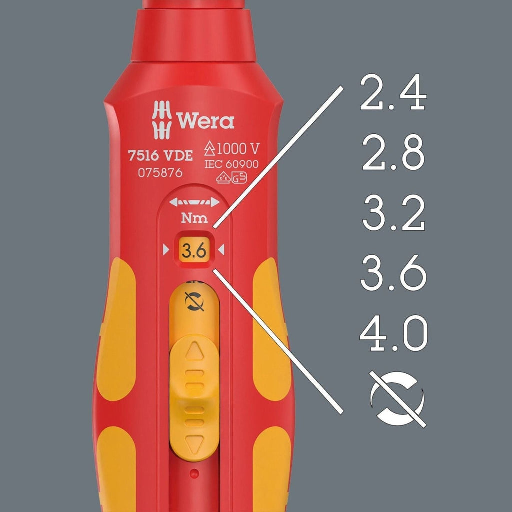 Wera 7516 VDE Kraftform Safe-Torque Speed Torque Screwdriver, 2.4-4.0 Nm, 9x2.4 Nmx2.8 Nmx3.2 Nmx3.6 Nmx4.0 Nmx192-mm.