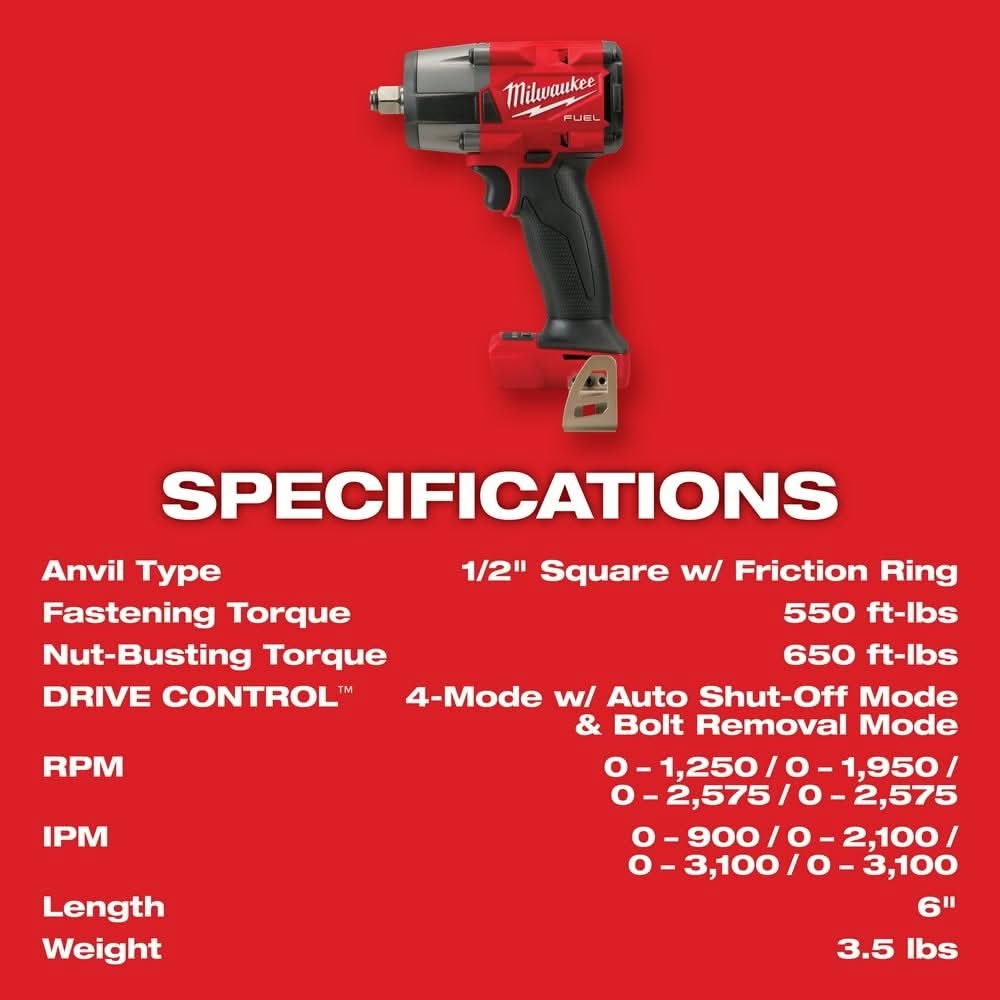 Milwaukee 2962-20 M18 FUEL 1/2-Inch Mid-Torque Impact Wrench with Friction Ring, Tool Only