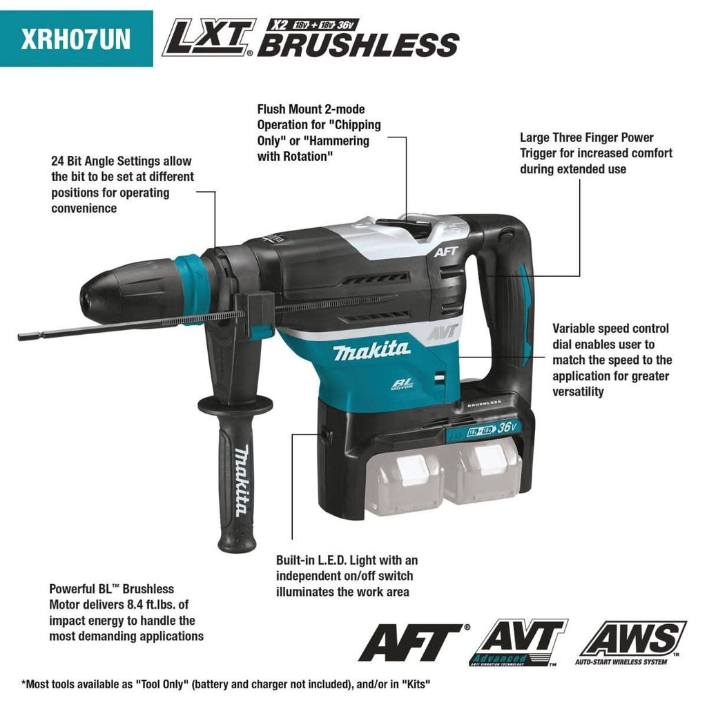 Makita XRH07ZKUN 36V (18V X2) LXT Brushless 1-9/16" SDS-MAX Advanced AVT Rotary Hammer, AFT, AWS, Tool Only