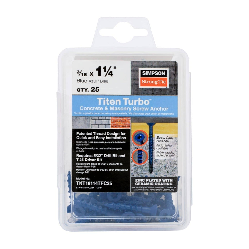 Simpson Strong-Tie TNT18114TFC25 Titen Turbo, 3/16-in. x 1-1/4-in. 6-Lobe Flat-Head Concrete and Masonry Screw, Blue, 25-Pack