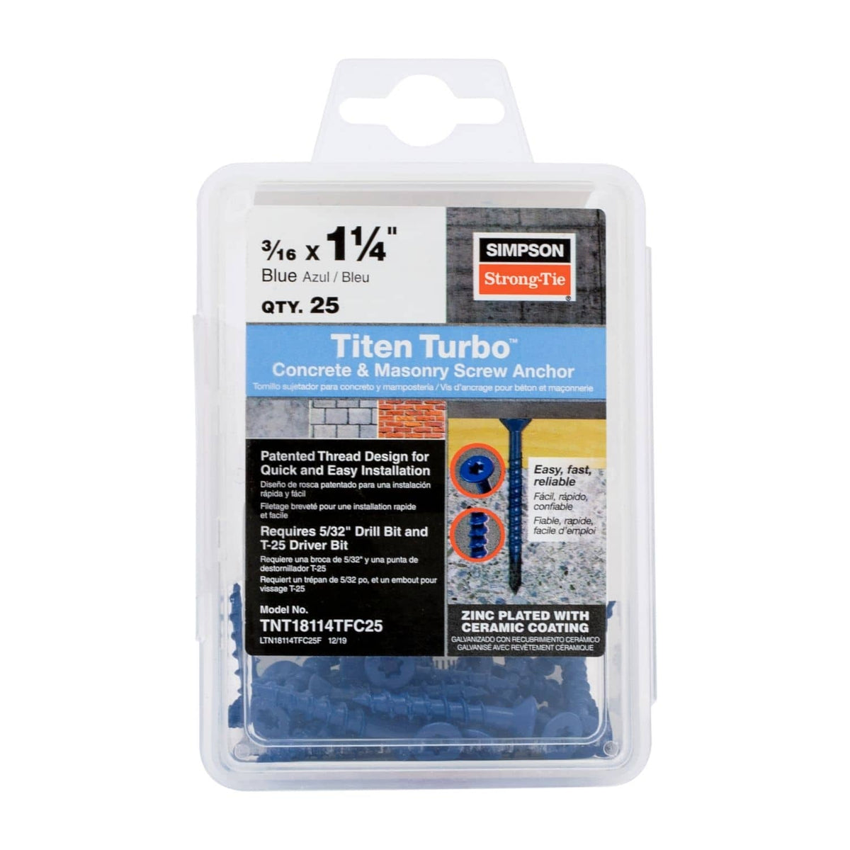Simpson Strong-Tie TNT18114TFC25 Titen Turbo, 3/16-in. x 1-1/4-in. 6-Lobe Flat-Head Concrete and Masonry Screw, Blue, 25-Pack