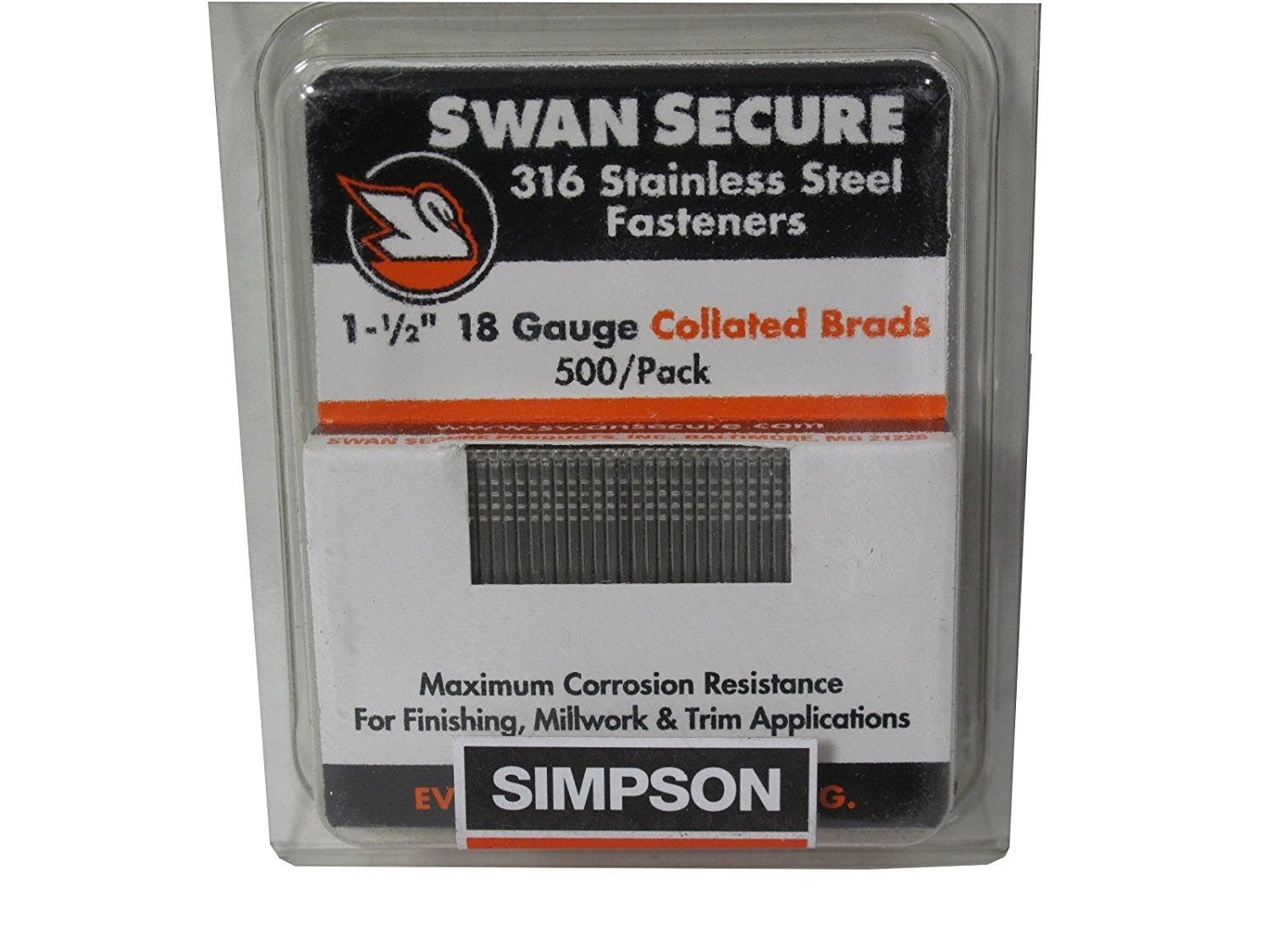 Swan Secure T18N150FNB Stainless Steel 1-1/2" 18 Gauge Nails, 500-Pack