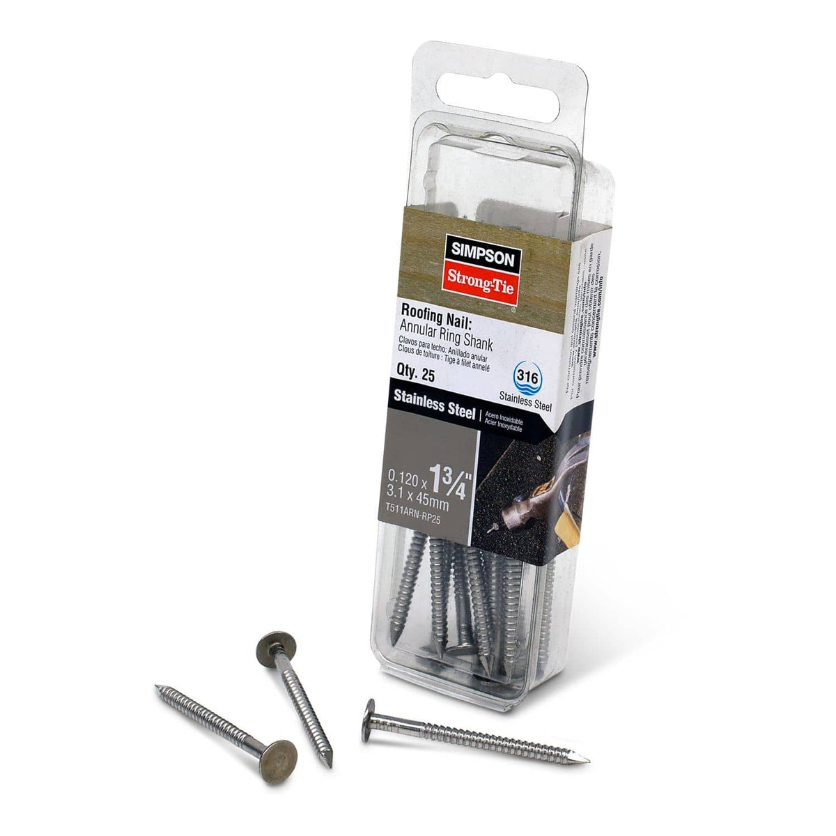 Simpson Strong-Tie T511ARN-RP25 Roofing Nail, Annular Ring Shank, 1-3/4-in. x .120-in. Type 316 Stainless Steel, 25-Pack