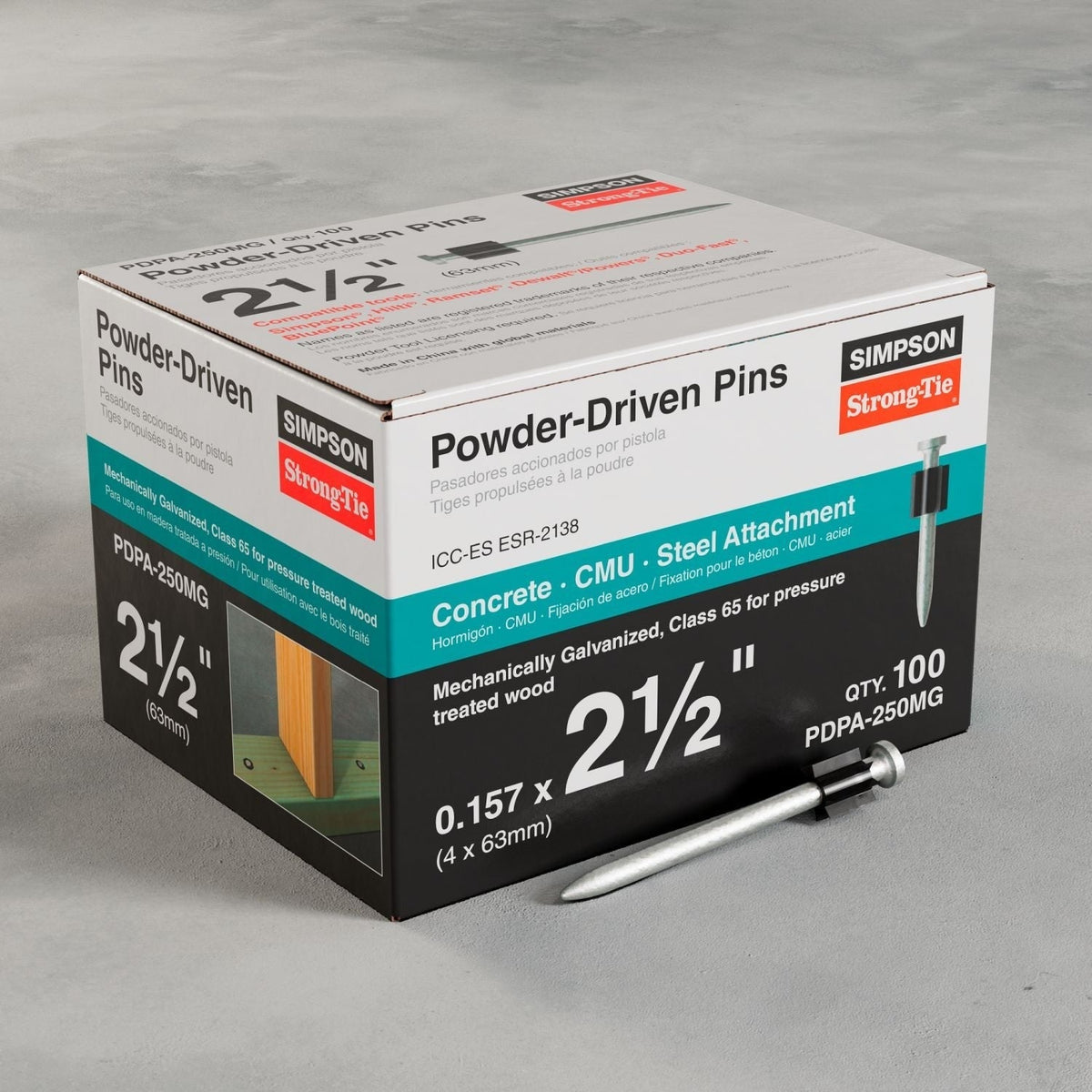 Simpson Strong-Tie PDPA-250MG PDPA .157-in. x 2-1/2-in. Mechanically Galvanized Powder-Actuated Pin, 100-Pack