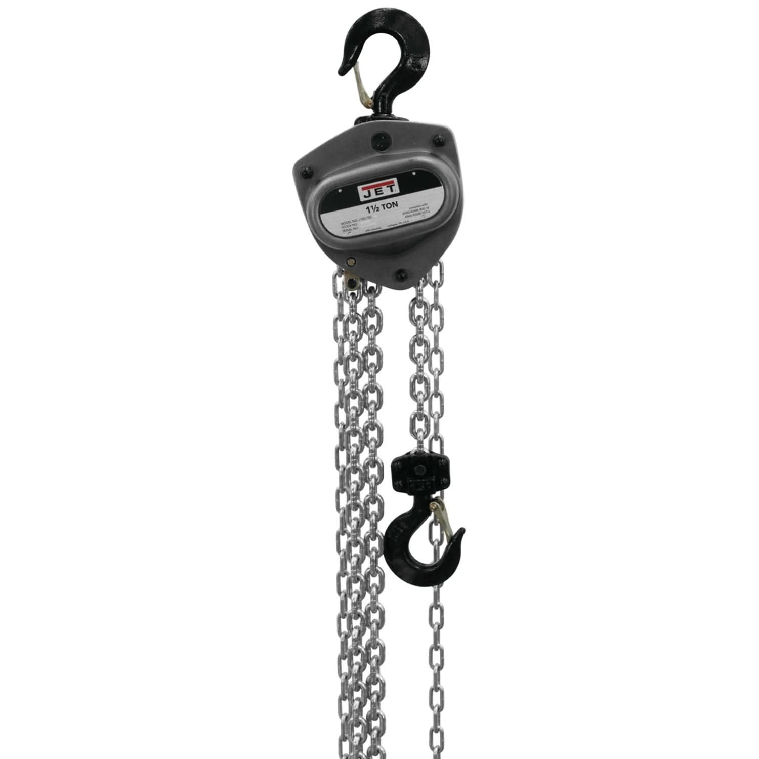 Jet 201120 L-100-150WO-20 1-1/2 Ton Hand Chain Hoist With 20-Foot Lift & Overload Protection