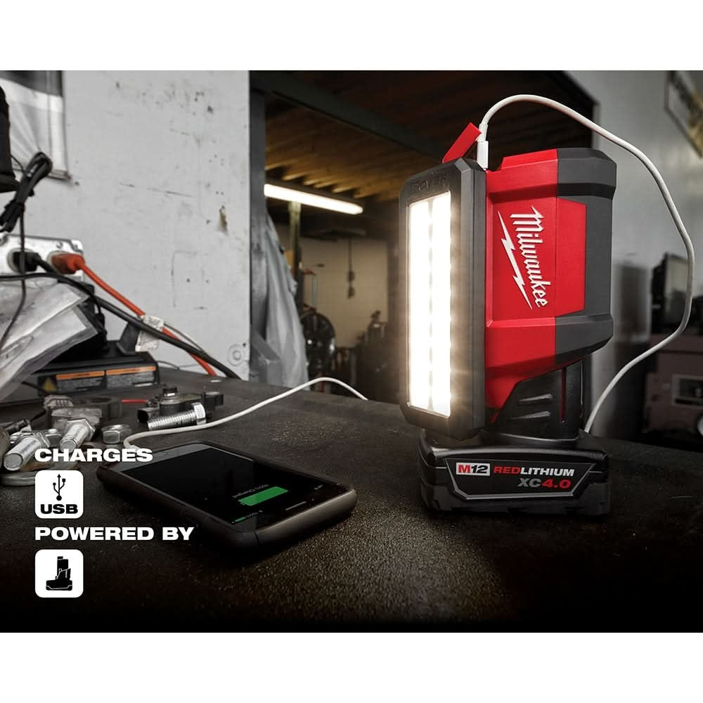 Milwaukee 2367-20 M12 ROVER 700-Lumen Flood Light with USB Charging (PROMO) w/ (1) M12 REDLITHIUM HIGH OUTPUT XC5.0 Battery Pack