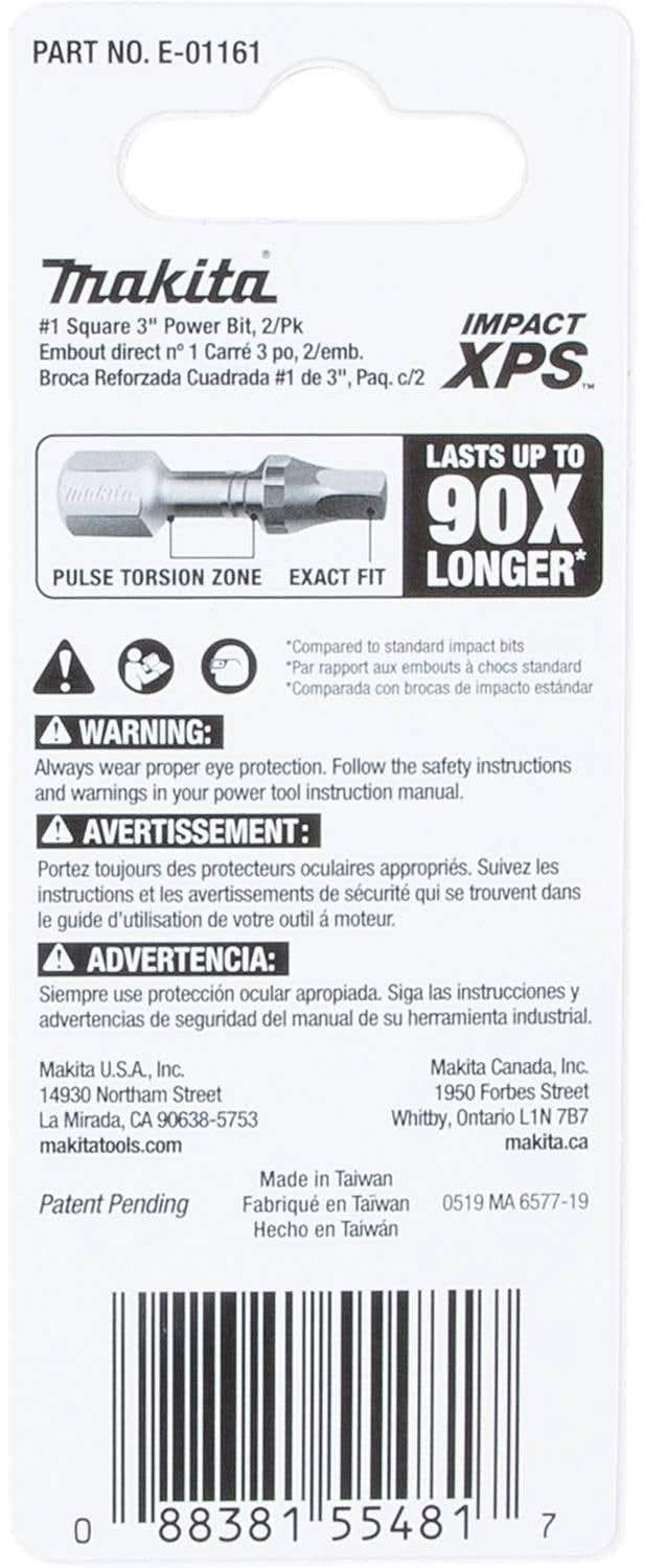 Makita E-01161 Impact XPS #1 Square 3" Power Bit, 2/pk