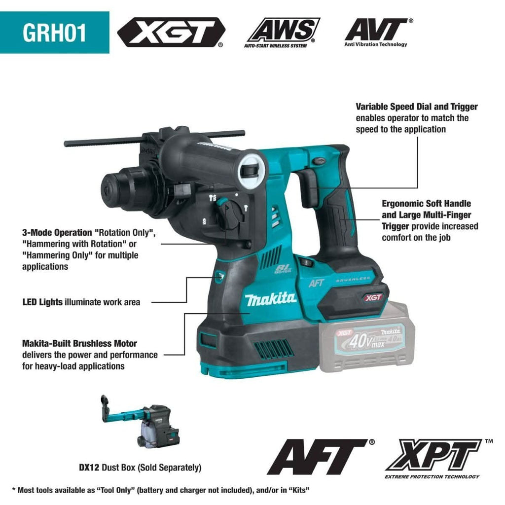 Makita GRH01Z 40V max XGT Brushless Cordless 1-1/8" SDS-PLUS AVT Rotary Hammer, AFT, AWS Capable, Tool Only