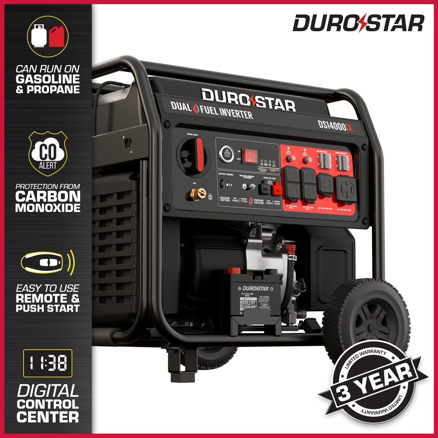 DuroStar DS14000iX 14,000 Watt Dual Fuel Open Frame Digital Inverter Generator