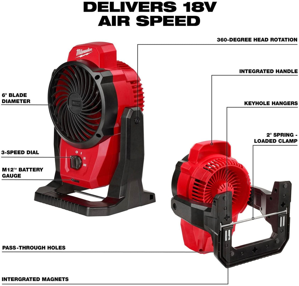 Milwaukee 0820-20 M12 Cordless 400-CFM Mounting Fan with Charger and 2.0Ah Battery Starter Kit