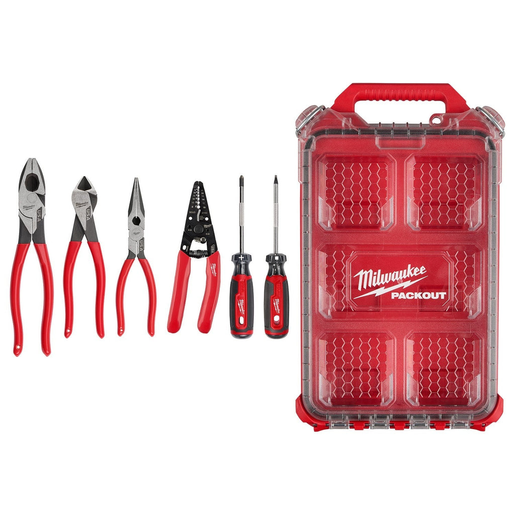 Milwaukee MT500-6P 6-Piece Dipped Grip Pliers, Wire Stripper, & Cushion Grip Screwdrivers PACKOUT Low-Profile Compact Organizer Set