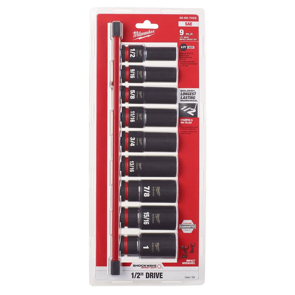 Milwaukee 49-66-7022 9-Piece SHOCKWAVE 1/2-Inch Drive SAE Deep 6-Point Impact Duty Socket Set
