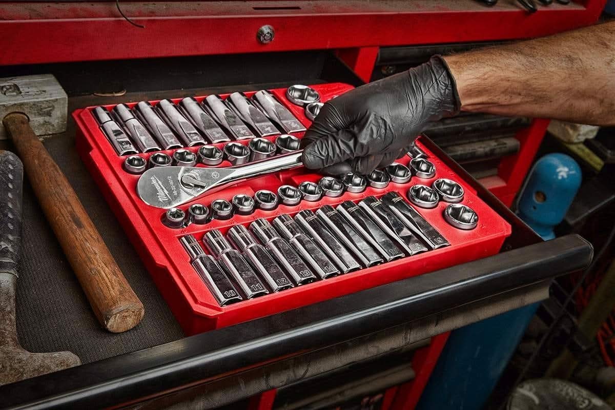 Milwaukee 48-22-9010 1/2" Drive 47-Piece SAE/Metric Ratchet And Socket Set and 3/8" Drive 56-Piece Ratchet & Socket Set
