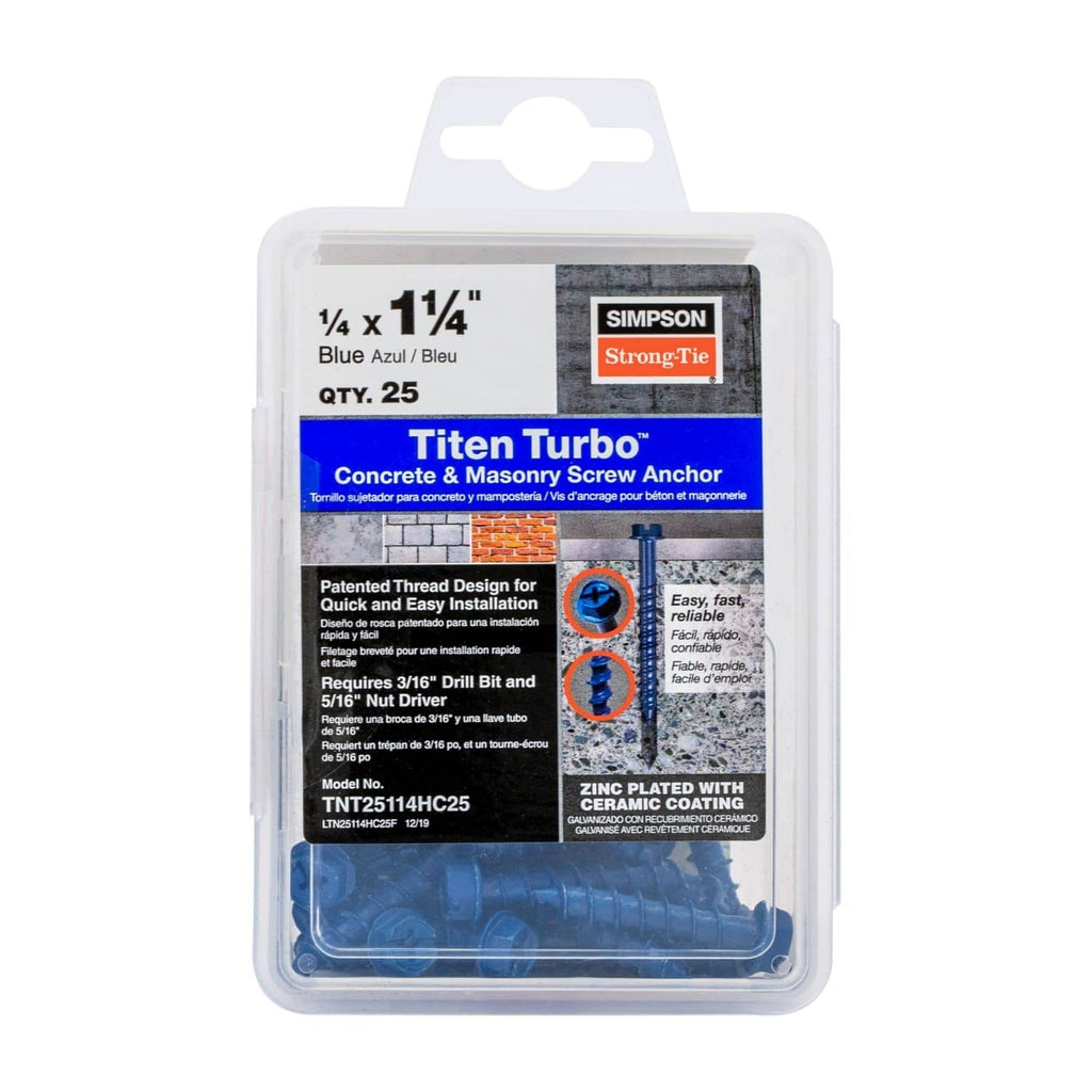 Simpson Strong-Tie TNT25114HC25 Titen Turbo, 1/4-in. x 1-1/4-in. Hex-Head Concrete and Masonry Screw, Blue, 25-Pack