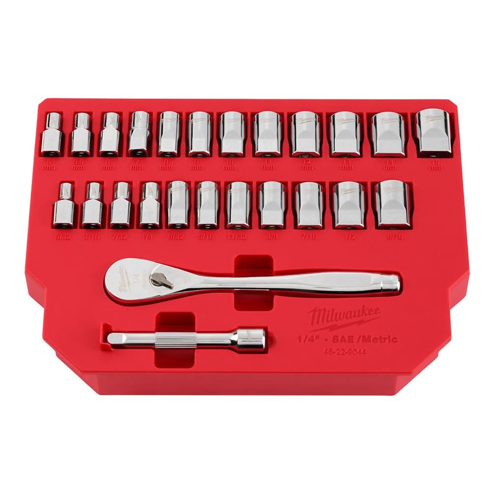 Milwaukee 48-22-9044 25pc 1/4" Drive Metric & SAE Ratchet and Socket Set with Four Flat Sides