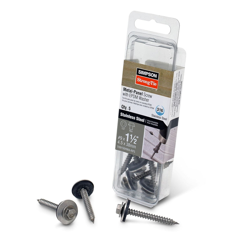 Simpson Strong-Tie T09150HWA-RP5 Metal-Panel Screw with EPDM Washer, #9 x 1-1/2-in. Hex Head, Type 316, 5-Pack