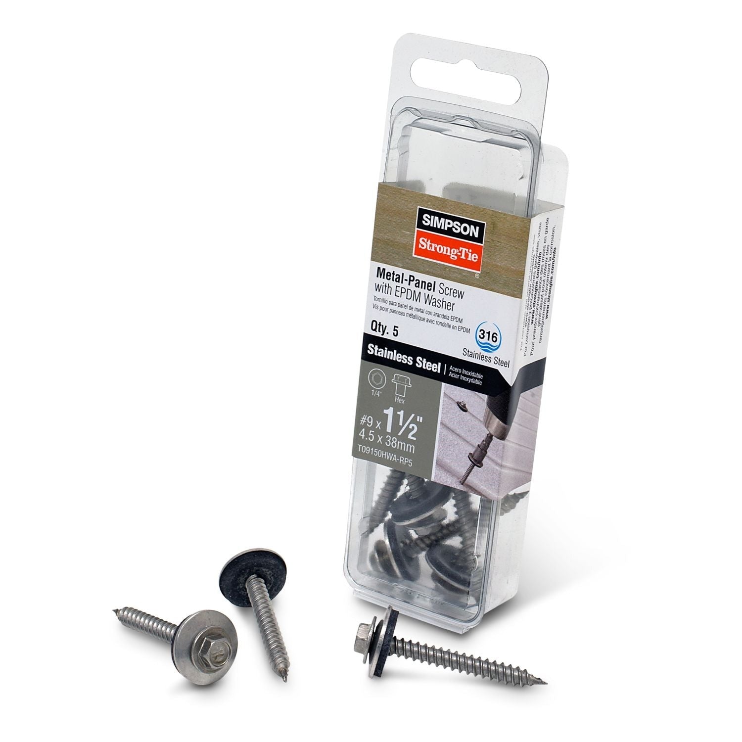Simpson Strong-Tie T09150HWA-RP5 Metal-Panel Screw with EPDM Washer, #9 x 1-1/2-in. Hex Head, Type 316, 5-Pack