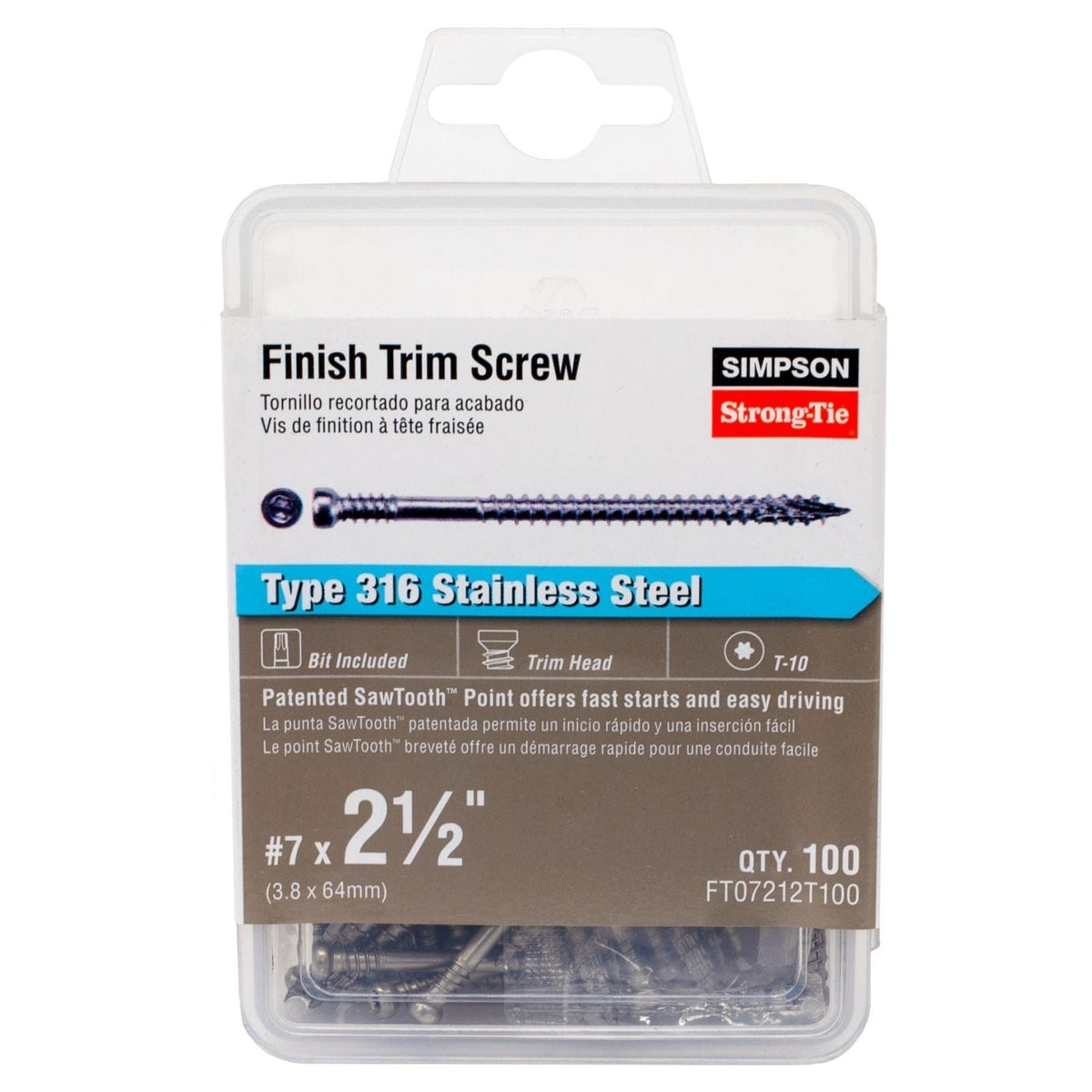 Simpson Strong-Tie FT07212T100 Finish Trim Screw, #7 x 2-1/2-in. T10, Trim-Head, Type 316, 100-Pack