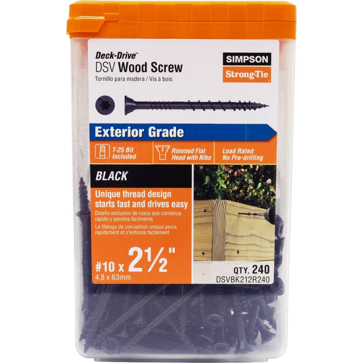 Simpson Strong-Tie DSVBK212R240 Deck-Drive DSV WOOD Screw, #10 x 2-1/2-in. T25, Flat Head, Quik Guard, Black, 240-Pack