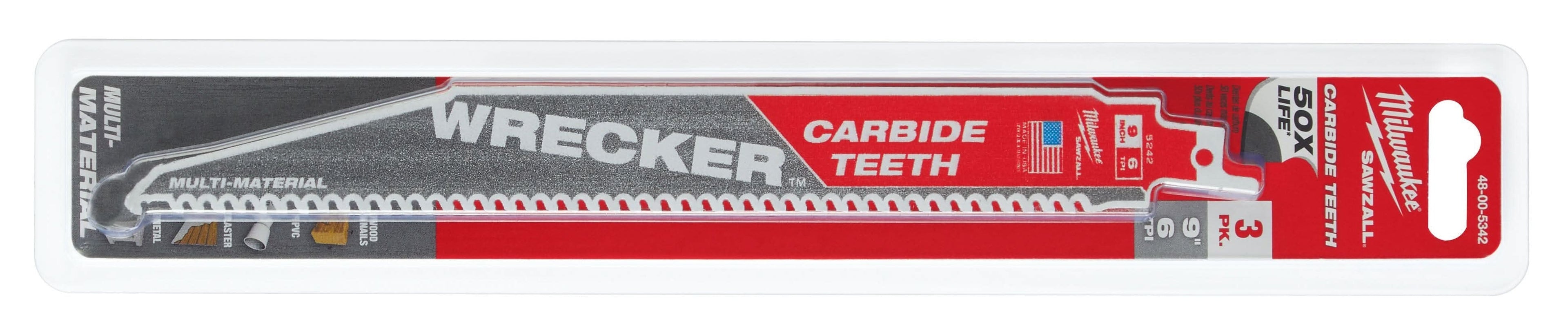 Milwaukee 48-00-5342 9-Inch 6-TPI THE WRECKER with Carbide Teeth SAWZALL Reciprocating Saw Blade, 3-Pack