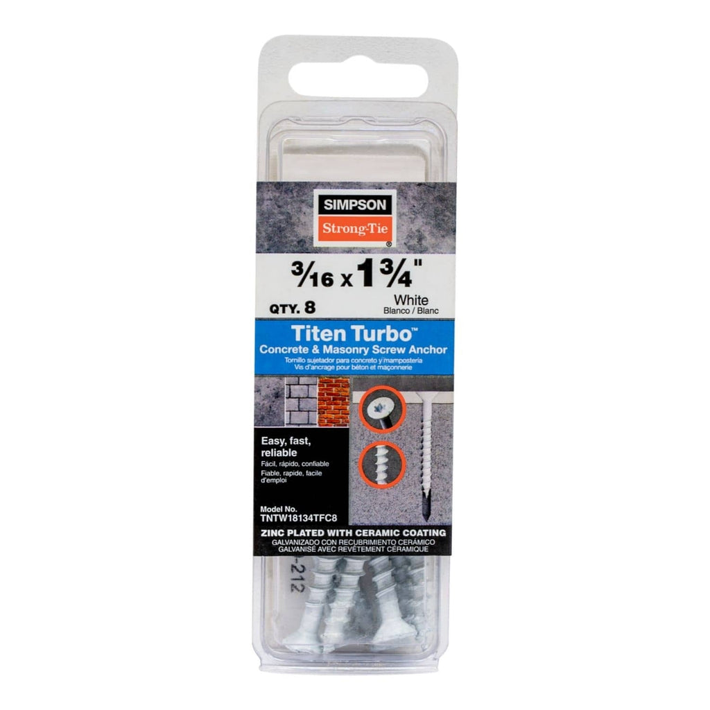 Simpson Strong-Tie TNTW18134TFC8 Titen Turbo, 3/16-in. x 1-3/4-in. 6-Lobe Flat-Head Concrete and Masonry Screw, White, 8-Pack