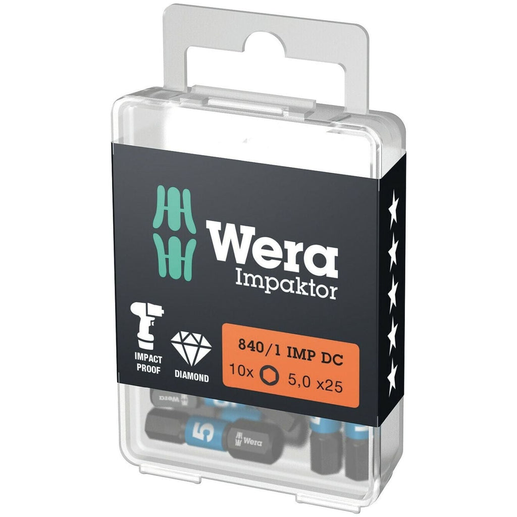 Wera 840/1 Imp Dc Hex-Plus Diy Impaktor Bit, 5x25-mm., 10-Pieces