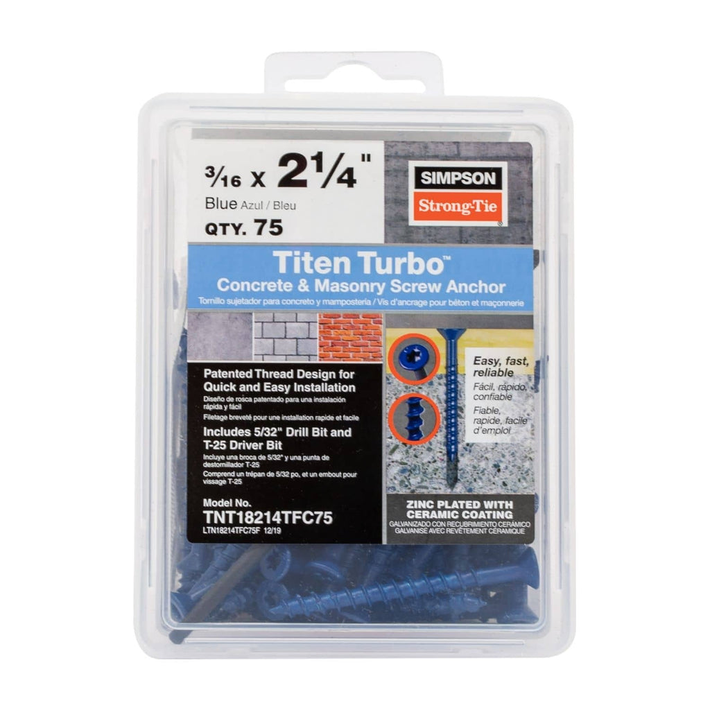 Simpson Strong-Tie TNT18214TF Titen Turbo, 3/16-in. x 2-1/4-in. 6-Lobe Flat-Head Concrete and Masonry Screw, Blue, 100-Pack