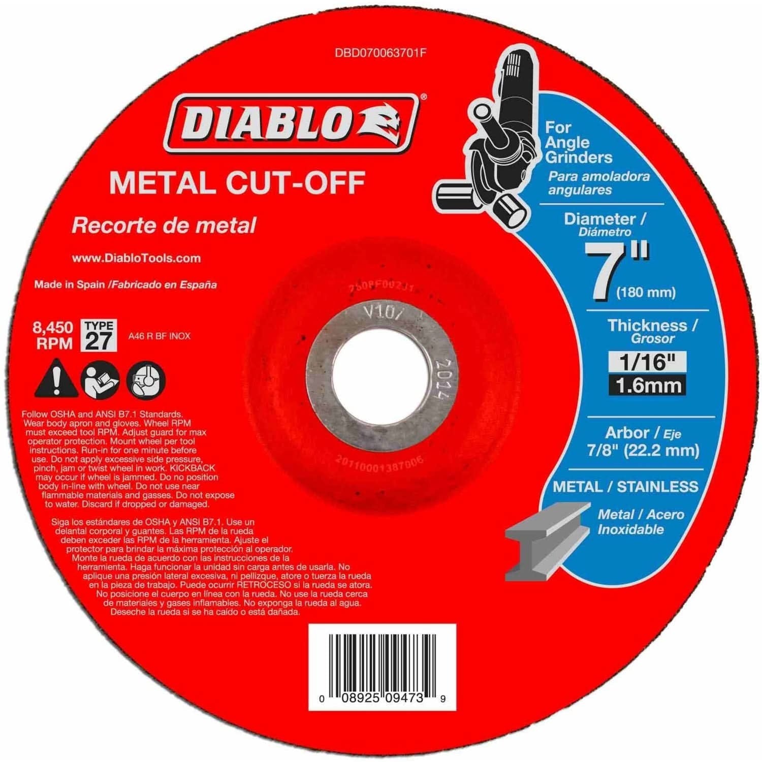 Diablo DBD070063701F 7-in. Type-27 Metal Cut-Off Wheel Disc 7/8-in. Arbor For Grinders, 1-Pack