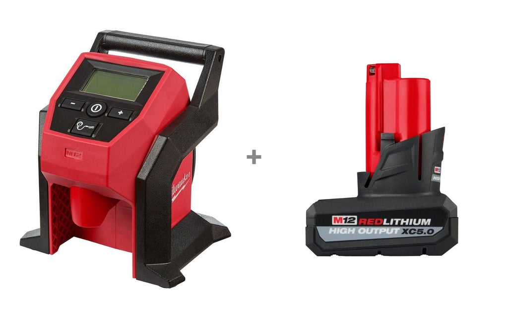Milwaukee 2475-20 M12 Cordless Compact Tire Inflator w/ M12 REDLITHIUM HIGH OUTPUT XC5.0Ah Battery Pack