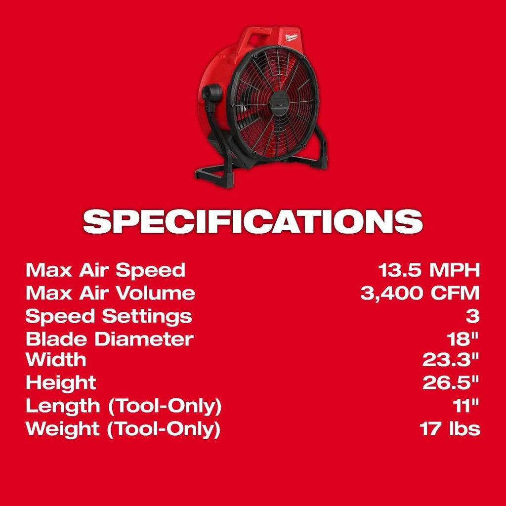 Milwaukee 0821-20 Cordless / Corded M18 Brushless 18-in. Fan With (2) HIGH OUTPUT XC 6.0Ah Batteries