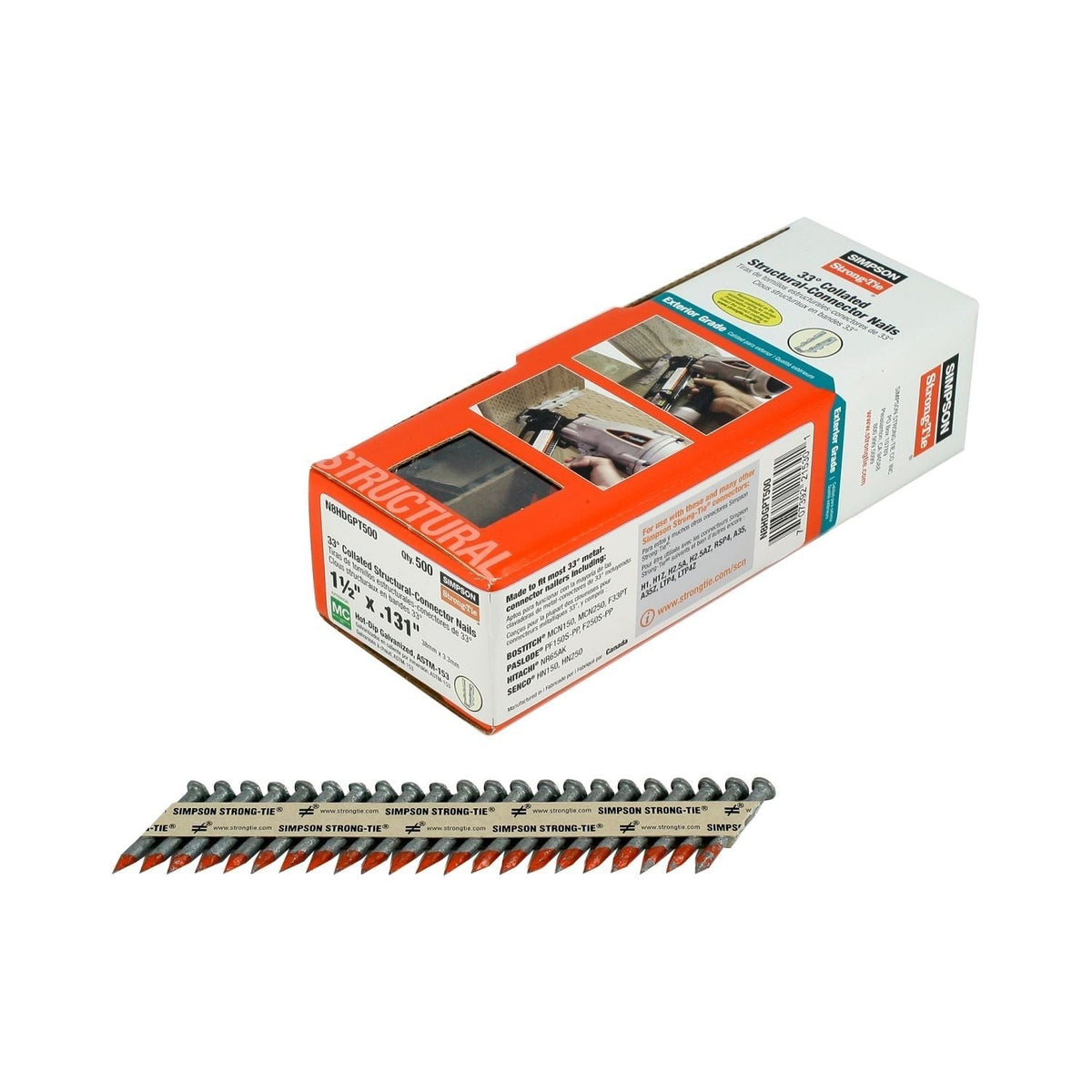 Simpson Strong-Tie N8HDGPT500 Strong-Drive 33° SCN SMOOTH-SHANK CONNECTOR Nail, 1-1/2-in. x .131-in. HDG, 500-Pack