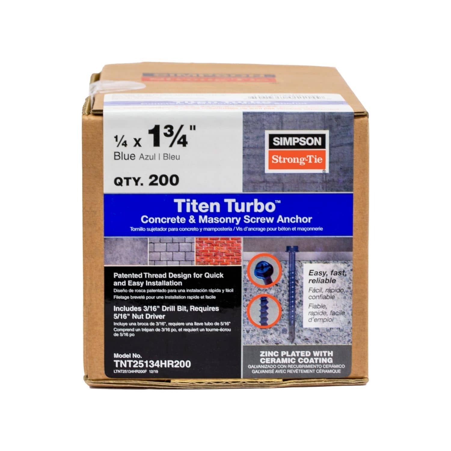 Simpson Strong-Tie TNT25134HR200 Titen Turbo, 1/4-in. x 1-3/4-in. Hex-Head Concrete and Masonry Screw, Blue, 200-Pack