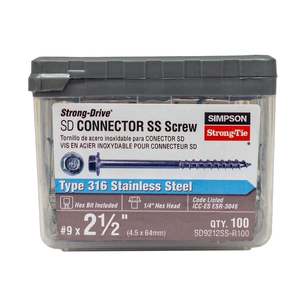 Simpson Strong-Tie SD9212SS-R100 Strong-Drive SD CONNECTOR SS Screw, #9 x 2-1/2-in. 1/4-Hex Drive, Type 316, 100-Pack
