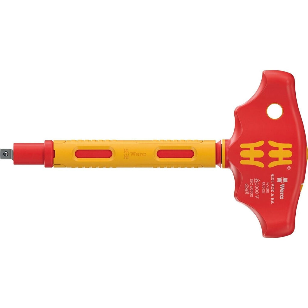 Wera 410 I VDE A Ra Vde-insulated T-Handle Adapter Screwdriver With Ratchet Functionality For 1/4-in. Sockets, 1/4-in.x130-mm.