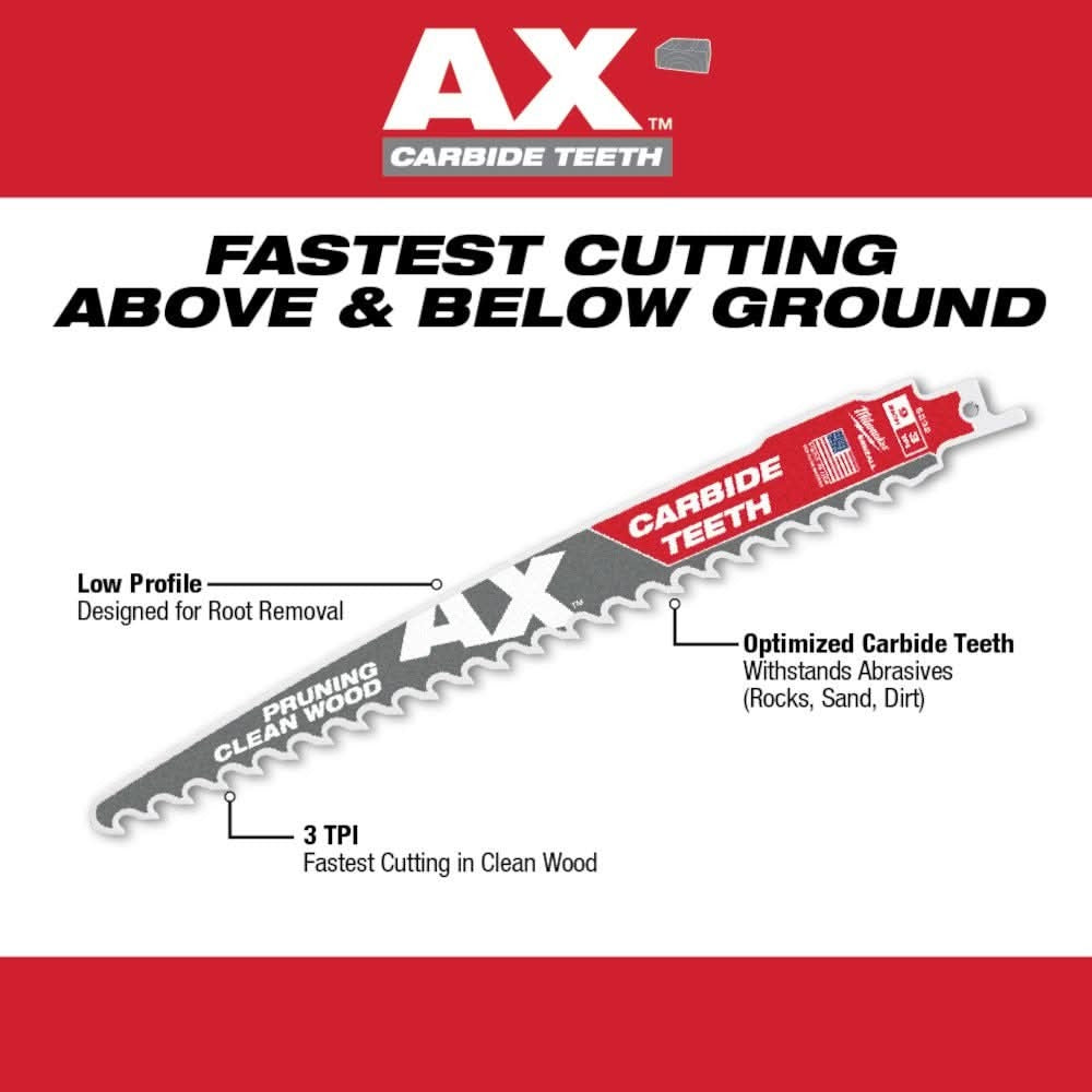 Milwaukee 48-00-5331 6-Inch 3-TPI The AX with Carbide Teeth for Pruning & Clean Wood SAWZALL Reciprocating Saw Blade, 3-Pack