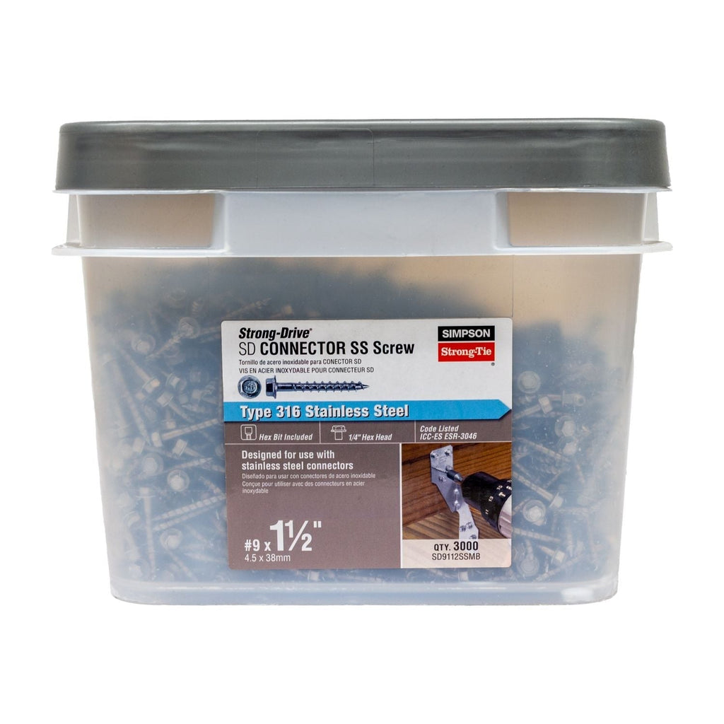 Simpson Strong-Tie SD9112SSMB Strong-Drive SD CONNECTOR SS Screw, #9 x 1-1/2-in. 1/4-Hex Drive, Type 316, 3000-Pack