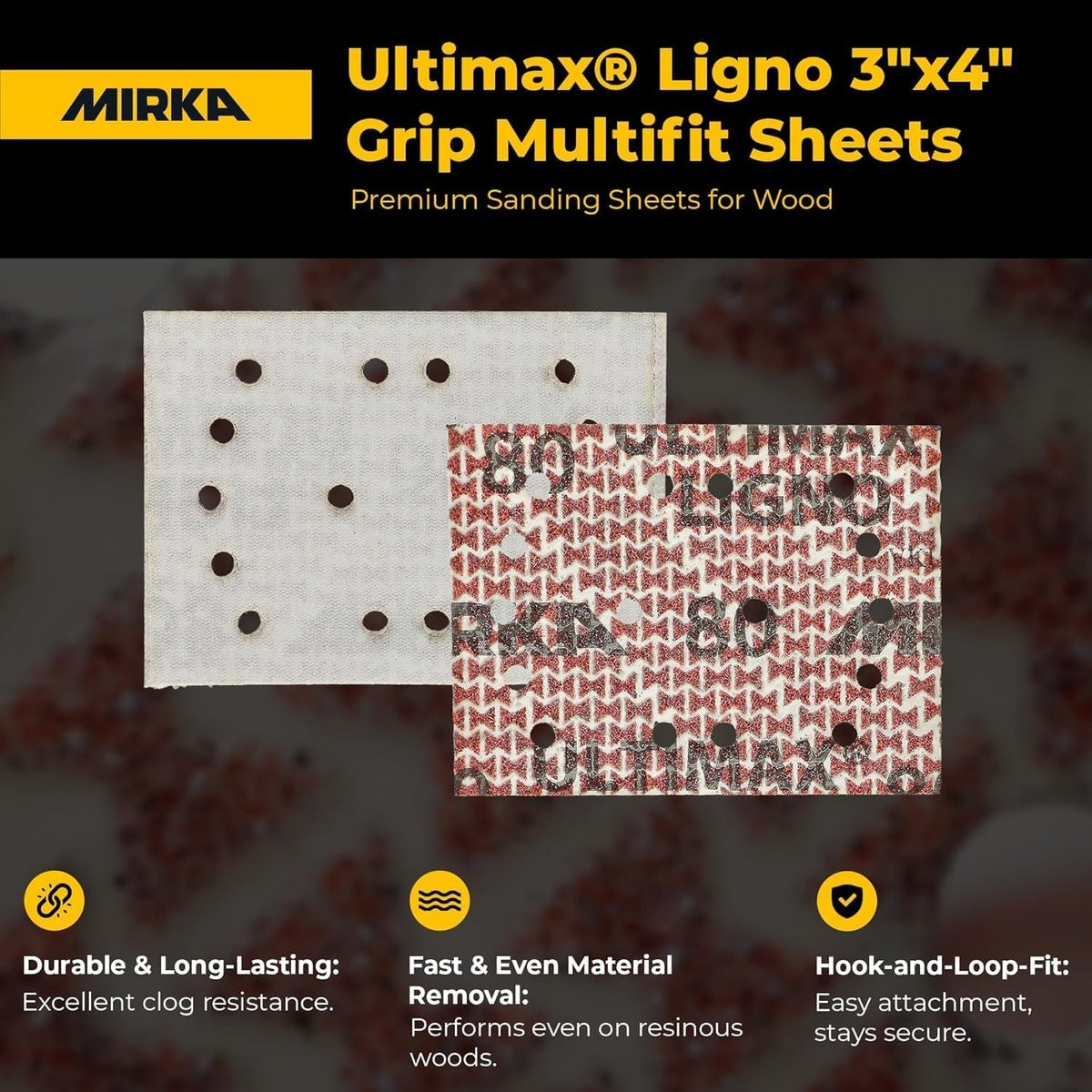 Mirka Ultimax Ligno 3 x 4-in. P180 Hook-and-Loop Sanding Sheets, 50-Pack (UL-6B8-180)