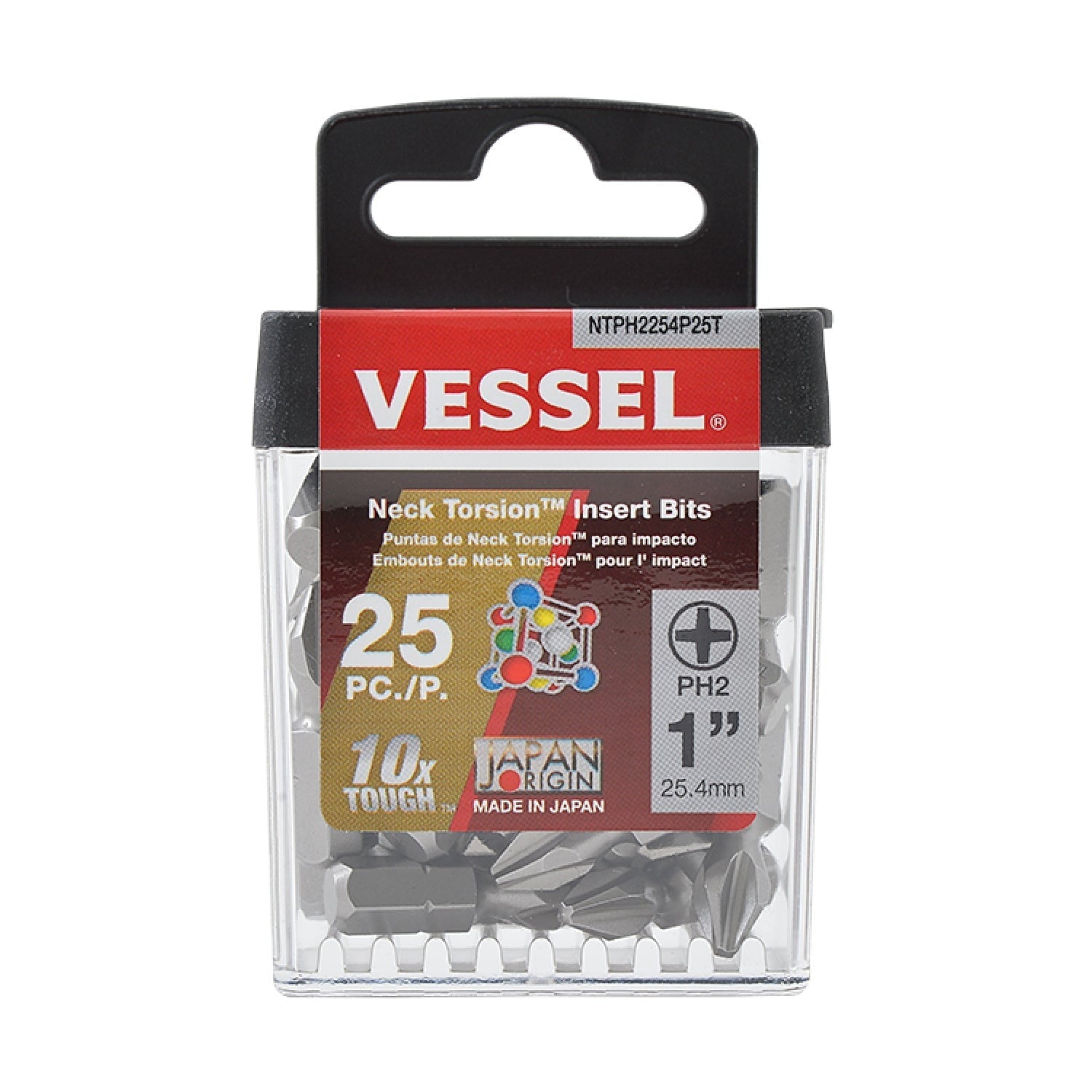 Vessel NTPH2254P25T Neck Torsion Phillips #2 x 1-in. Insert Bit, 25-Piece Case (NTPH2254P25T)