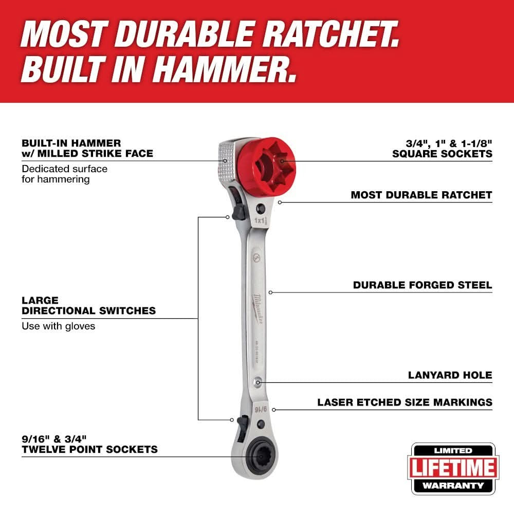 Milwaukee 48-22-9216M Lineman's 5-in-1 Racheting Wrench with Milled Face
