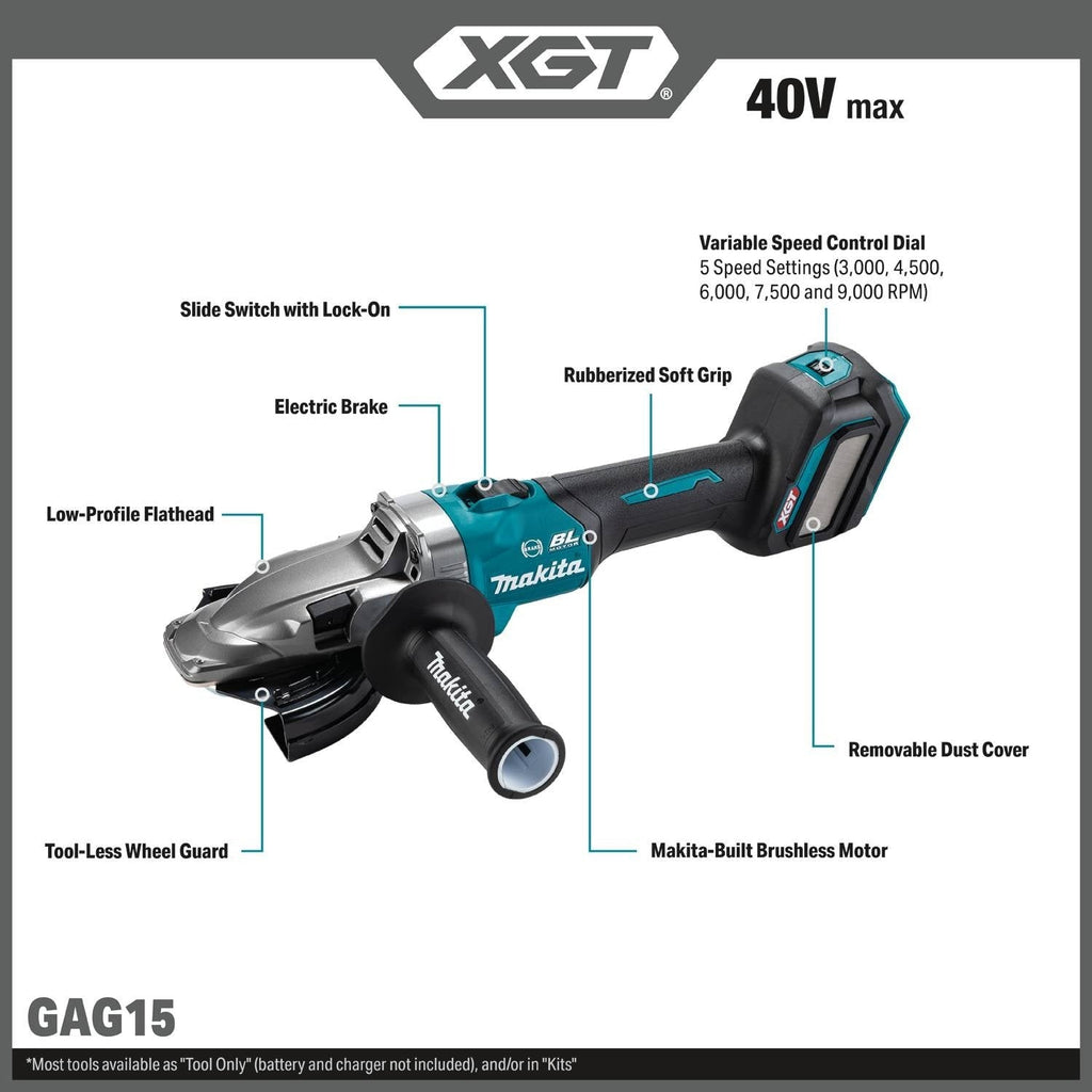 Makita GAG15Z 40V max XGT Brushless 5-in. Slide Switch Flathead Grinder, Variable Speed, with Electric Brake, Tool Only