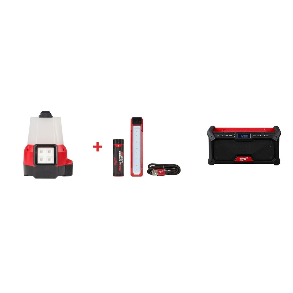 Milwaukee M18 RADIUS Site Light (FM) & ROVER USB Pocket Flood Light Set with M18 Bluetooth Radio