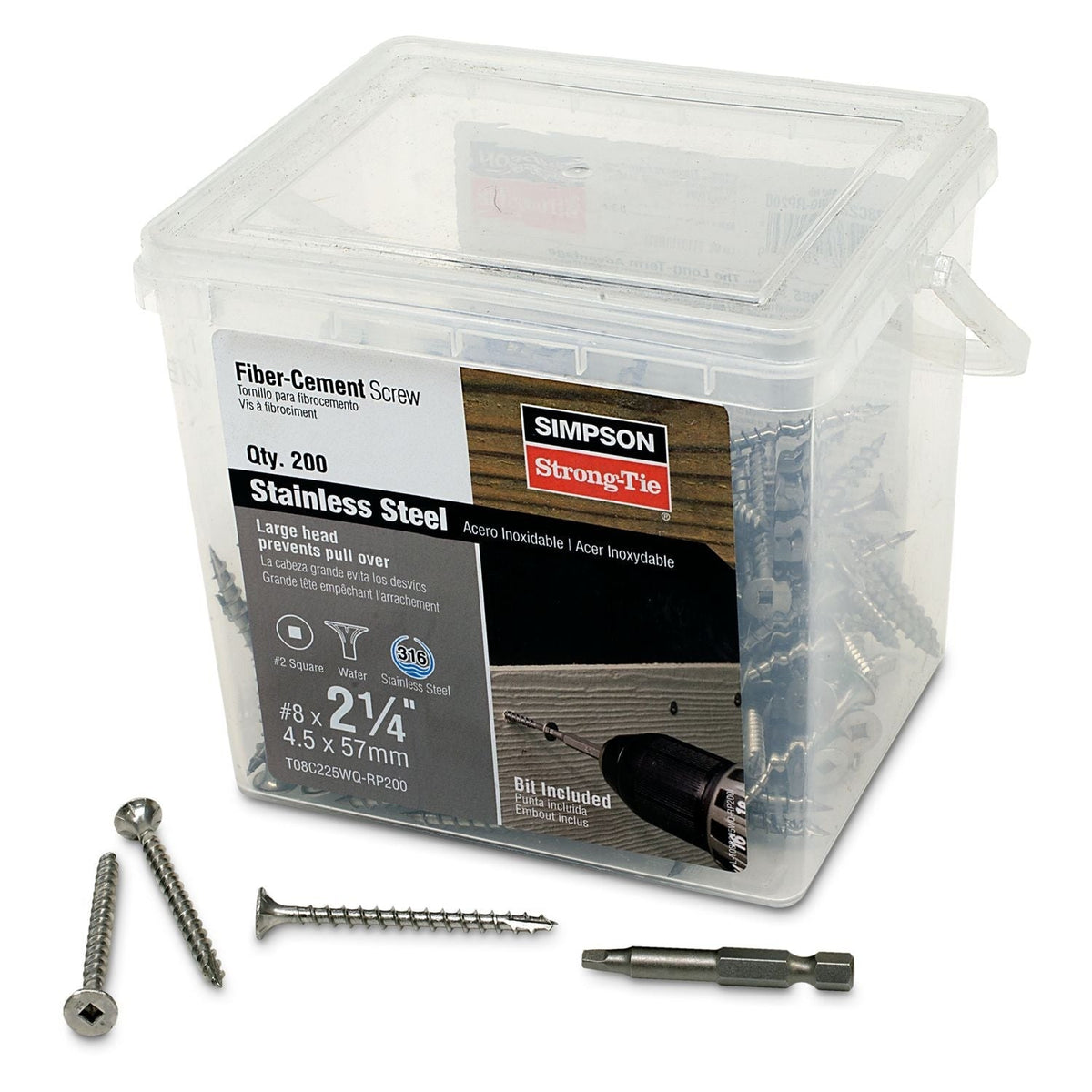 Simpson Strong-Tie T08C225WQ-RP200 Fiber-Cement Screw, #8 x 2-1/4-in. #2 Square Wafer-Head, Type 316, 200-Pack