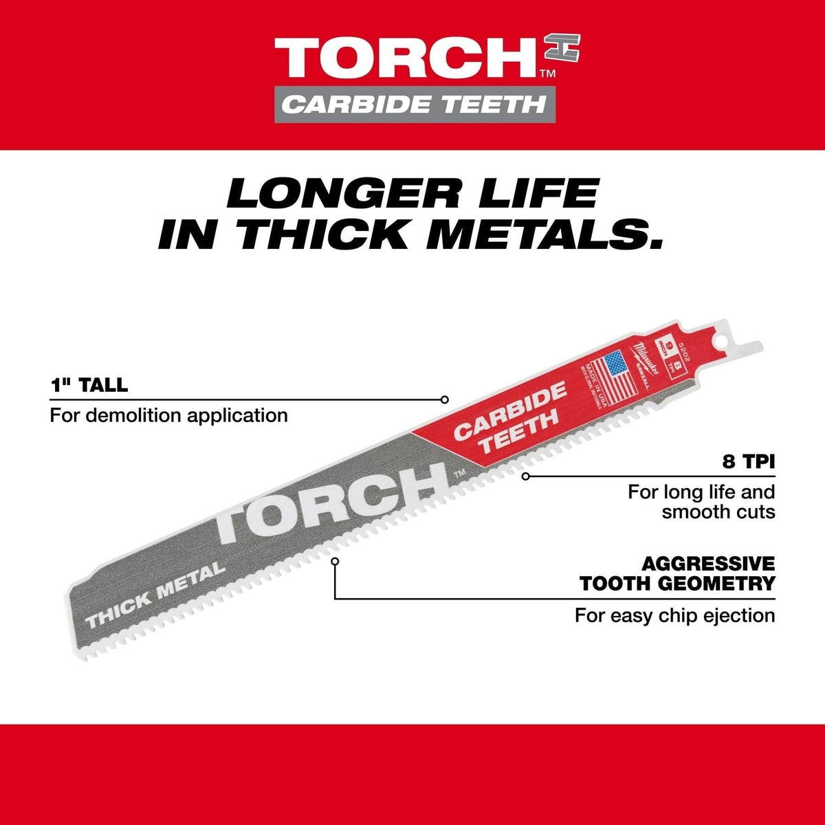 Milwaukee 48-00-5503 12-Inch 7-TPI The TORCH with Carbide Teeth SAWZALL Reciprocating Saw Blade, 5-Pack