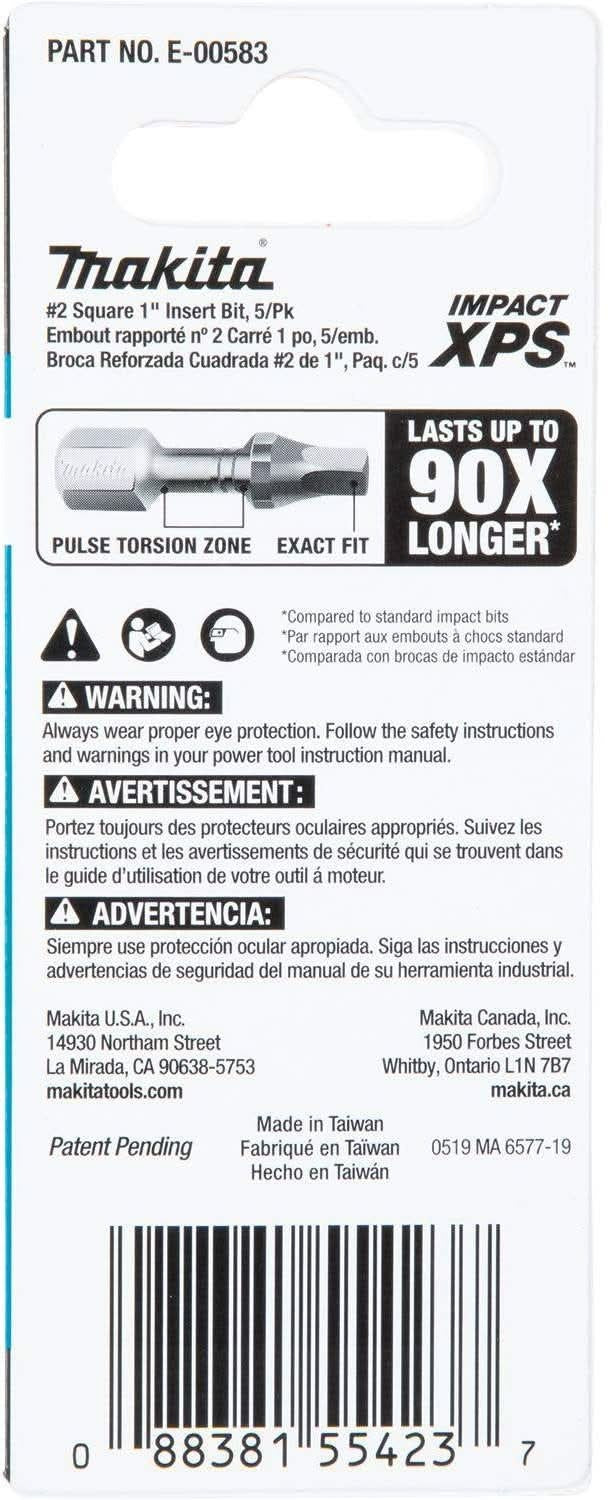 Makita E-00583 Impact XPS #2 Square 1" Insert Bit, 5/pk