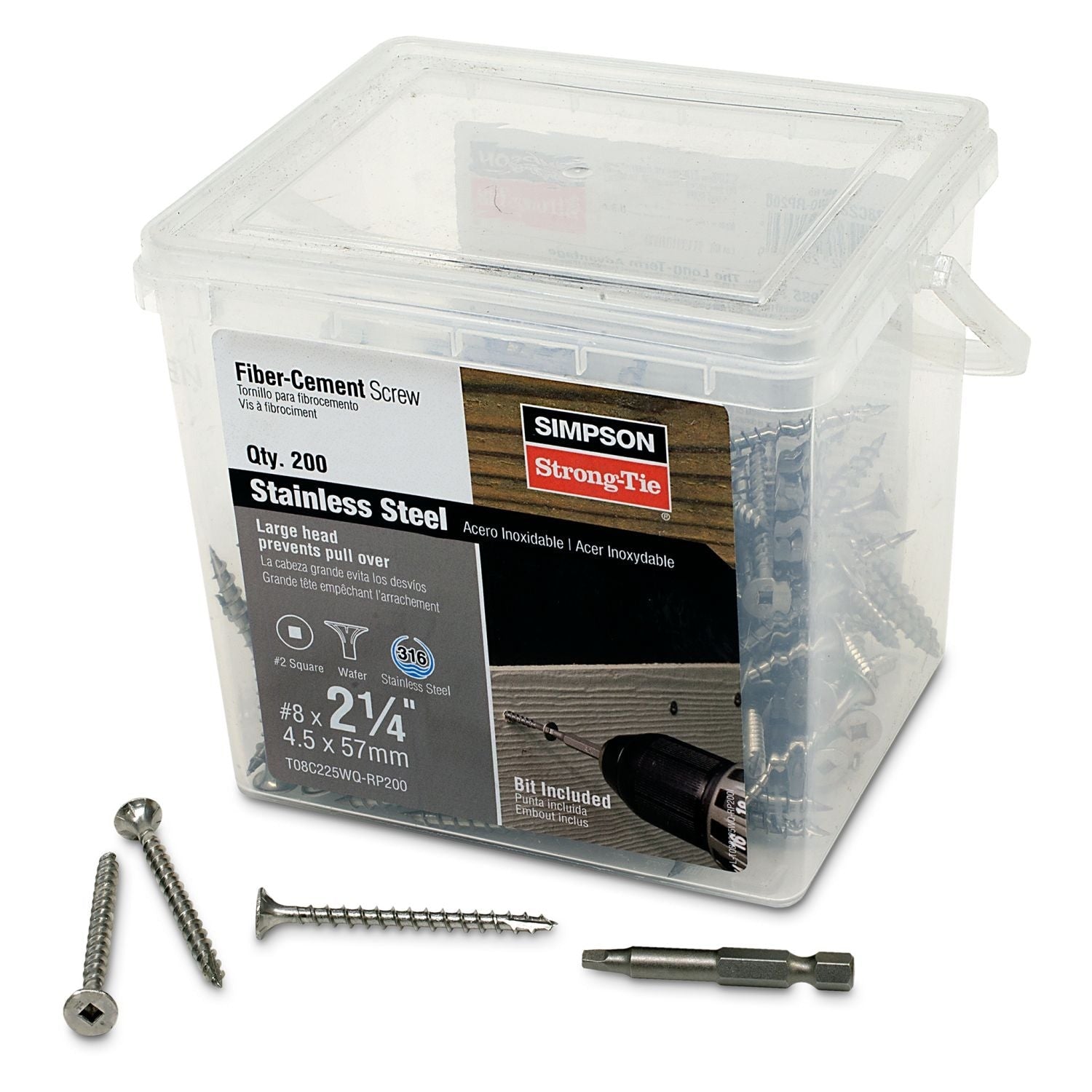 Simpson Strong-Tie T08C225WQ-RP200 Fiber-Cement Screw, #8 x 2-1/4-in. #2 Square Wafer-Head, Type 316, 200-Pack