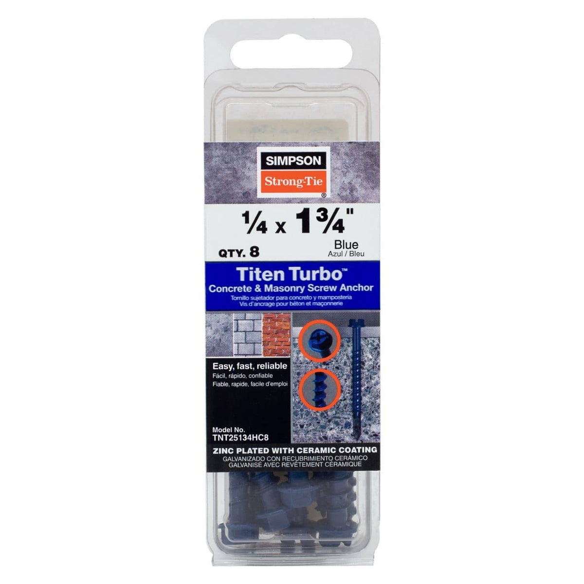 Simpson Strong-Tie TNT25134HC8 Titen Turbo, 1/4-in. x 1-3/4-in. Hex-Head Concrete and Masonry Screw, Blue, 8-Pack